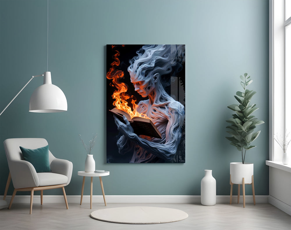 Flame book cinematic glass wall art in creative studio