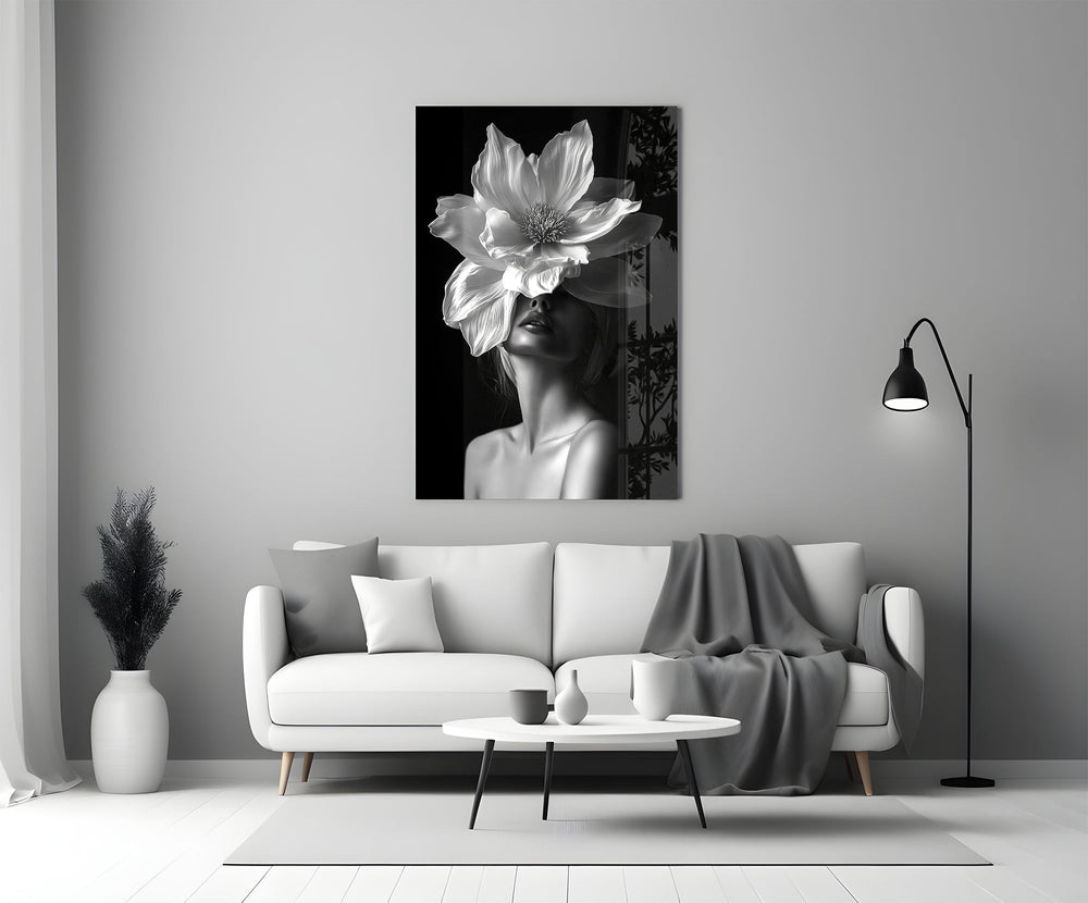 Helmut-Newton style cinematic glass wall art in heritage stairwell