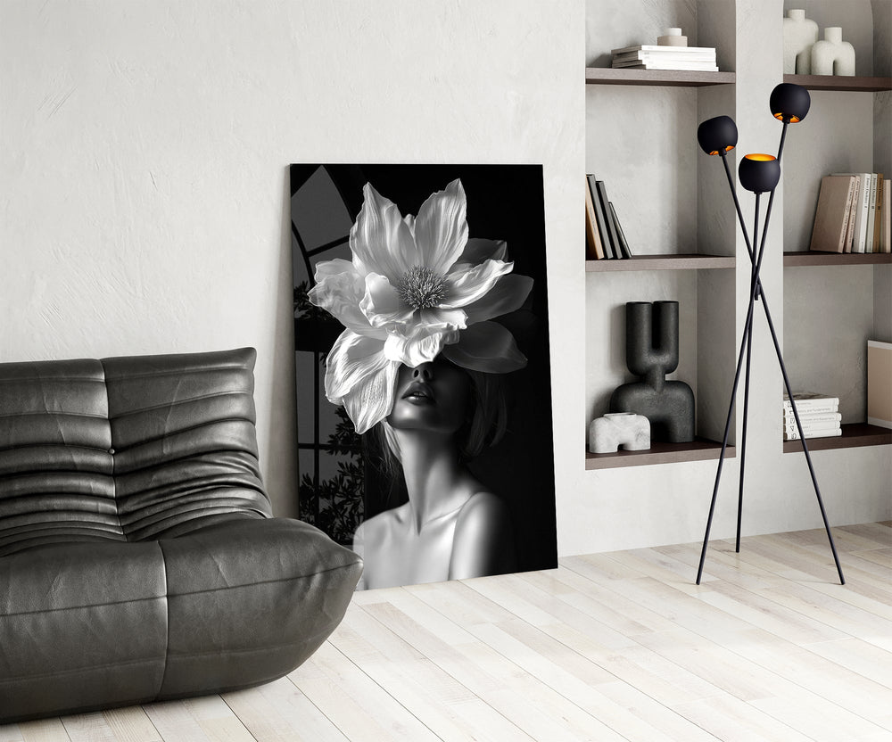 B&W flower-mask cinematic glass wall art over modern dining sideboard