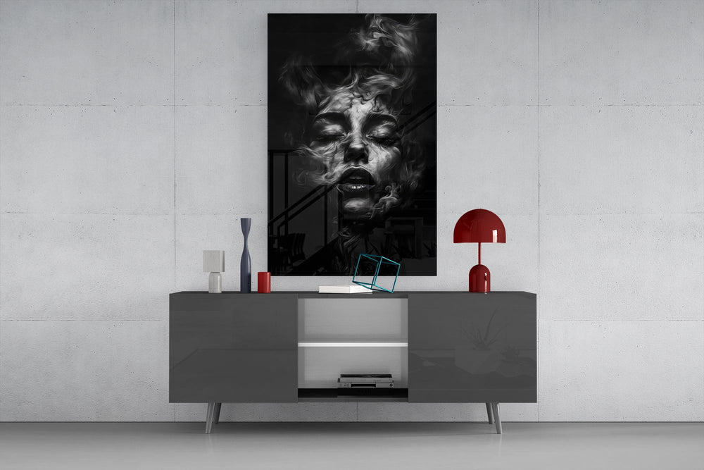 Funeral-solemnity cinematic glass wall art in masculine-luxe study