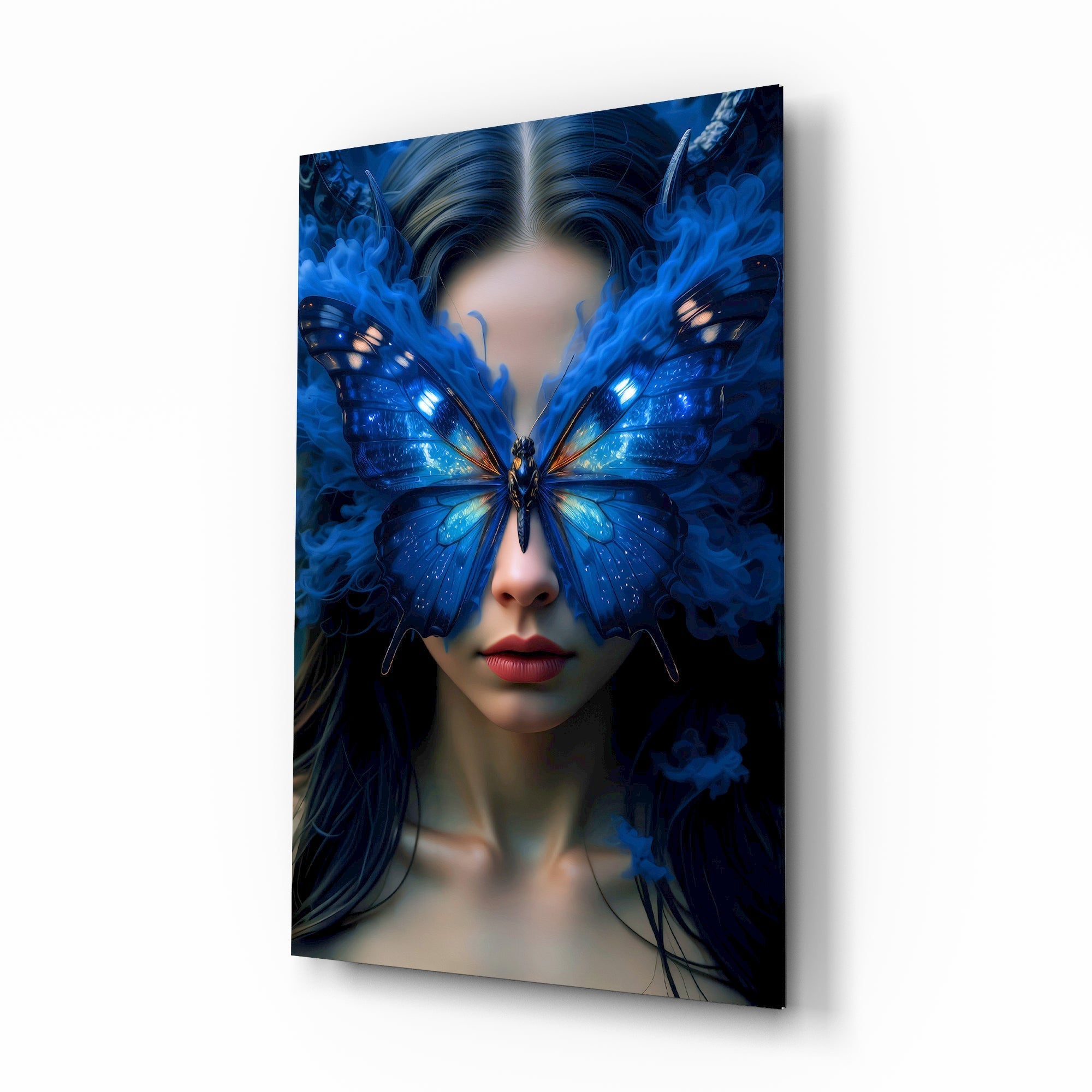 Cobalt Morpho butterfly mask cinematic glass wall art over walnut console in designer fashion atelier