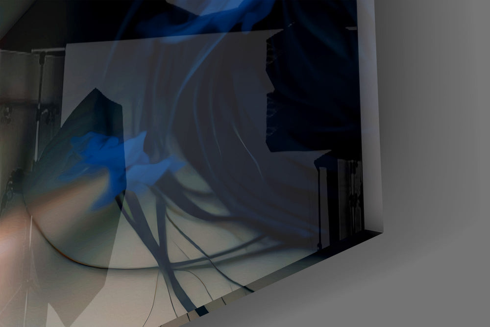 Butterfly-mask muse cinematic glass wall art in creative-agency reception