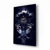 All seeing eye cosmic mystic cinematic glass wall art over walnut console in designer mystic-shop reception