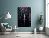 Dark-throne fantasy cinematic glass wall art in film-screening room