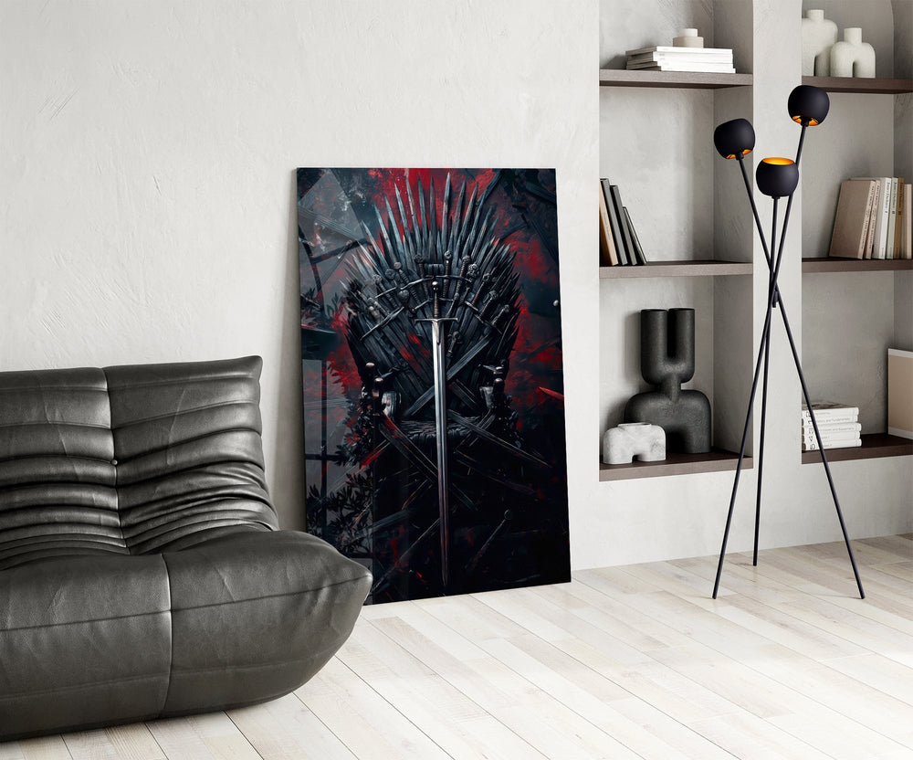 Sword-throne cinematic glass wall art over modern bar console