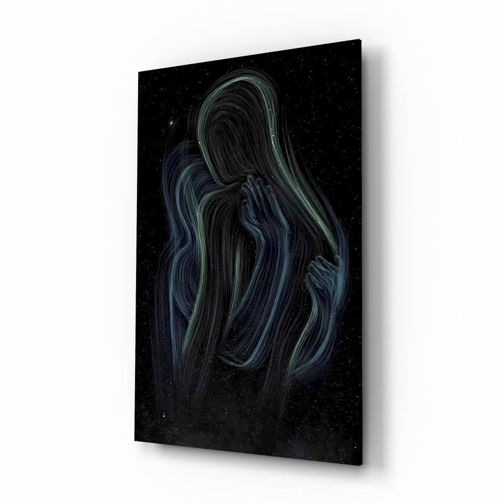 Cosmic mother embrace cinematic glass wall art over walnut console in designer wellness clinic