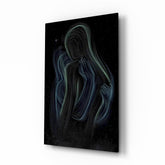 Cosmic mother embrace cinematic glass wall art over walnut console in designer wellness clinic