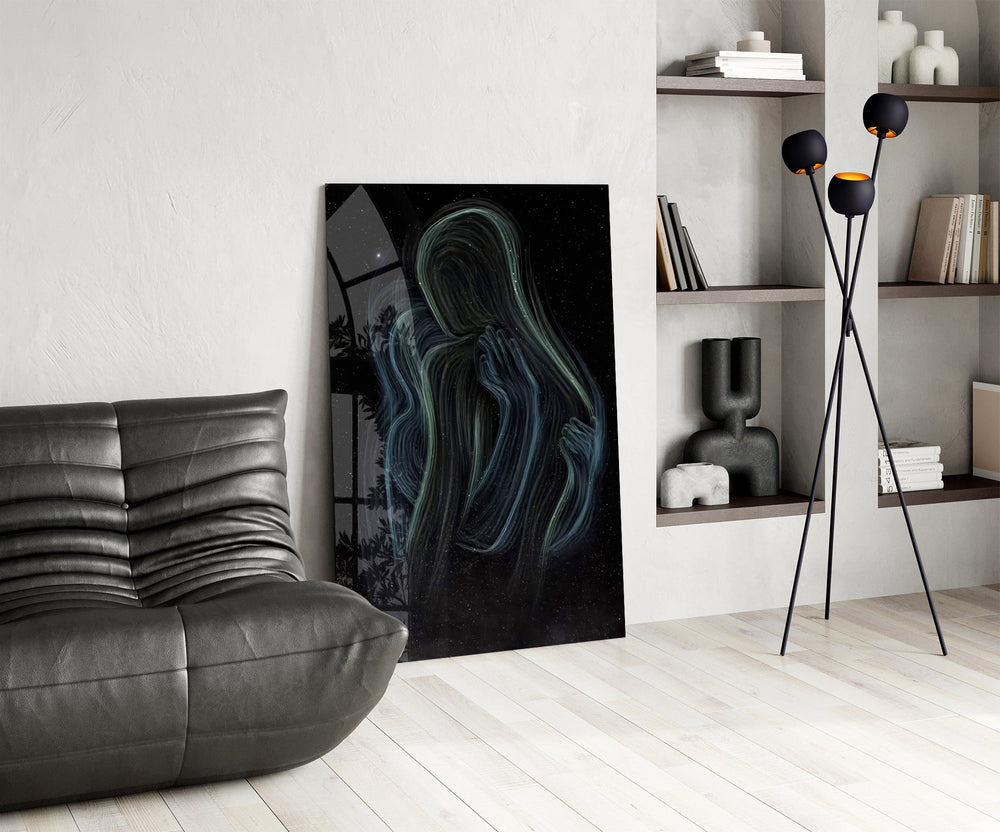 Spiritual illustration cinematic glass wall art over modern dining sideboard