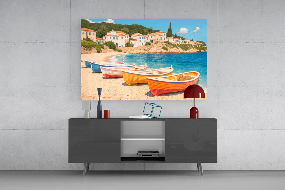 Mediterranean illustration cinematic glass wall art in light-filled atelier