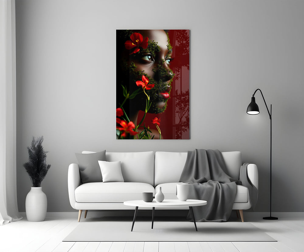 Tim-Walker style cinematic glass wall art in heritage stairwell