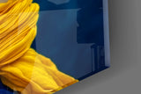 Saffron-cobalt scarf cinematic glass wall art in creative-agency reception