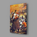 Social realist war tribute cinematic glass wall art in Russian-Ukrainian-heritage home