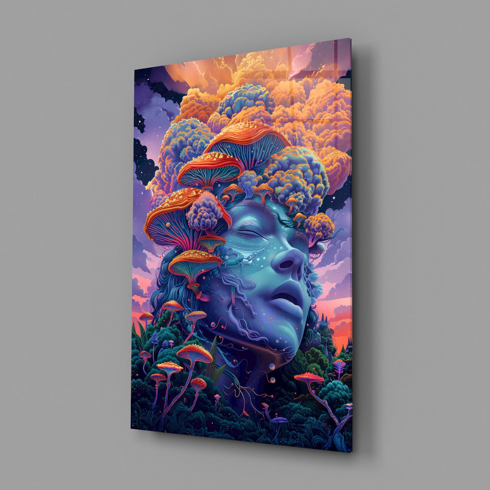 Psychedelic fantasy forager cinematic glass wall art in meditation studio