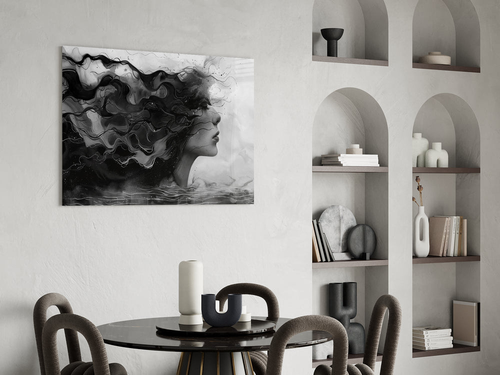 Ink-painting muse cinematic glass wall art over modern dining sideboard