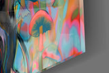 Mushroom-cap girl cinematic glass wall art in teen alt-music-fan bedroom