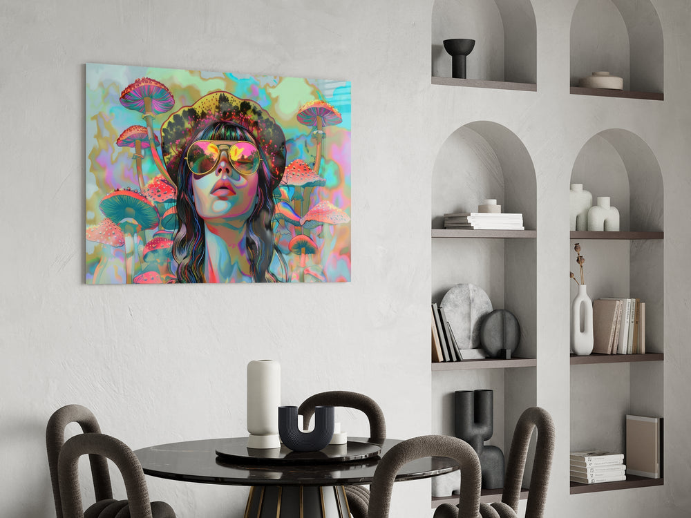 Fluid-art mushroom cinematic glass wall art over modern dining sideboard