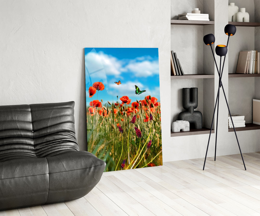 Summer meadow cinematic glass wall art over modern dining sideboard