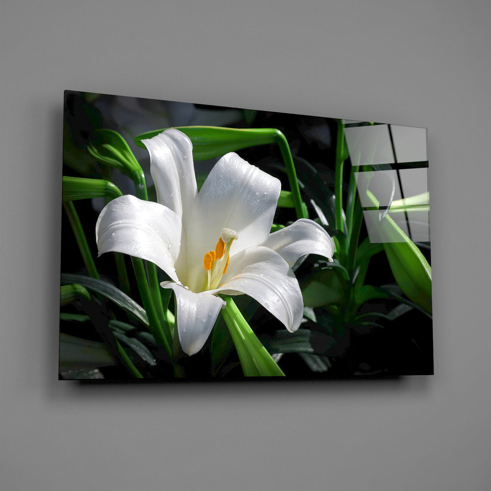 Old Master botanical Easter cinematic glass wall art in wellness clinic reception