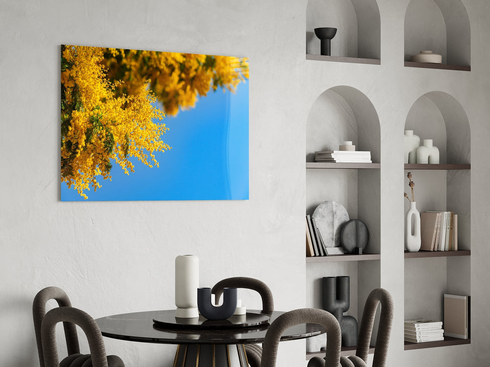 Mimosa pompom cinematic glass wall art over modern dining sideboard