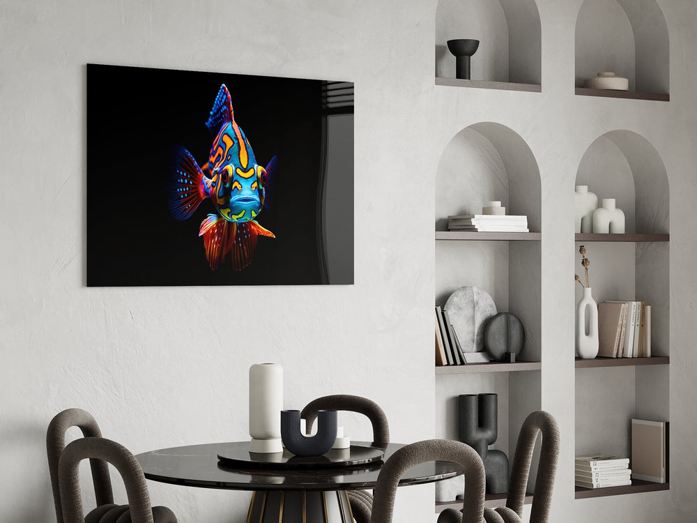 Cobalt-and-tangerine fish cinematic glass wall art over modern dining sideboard