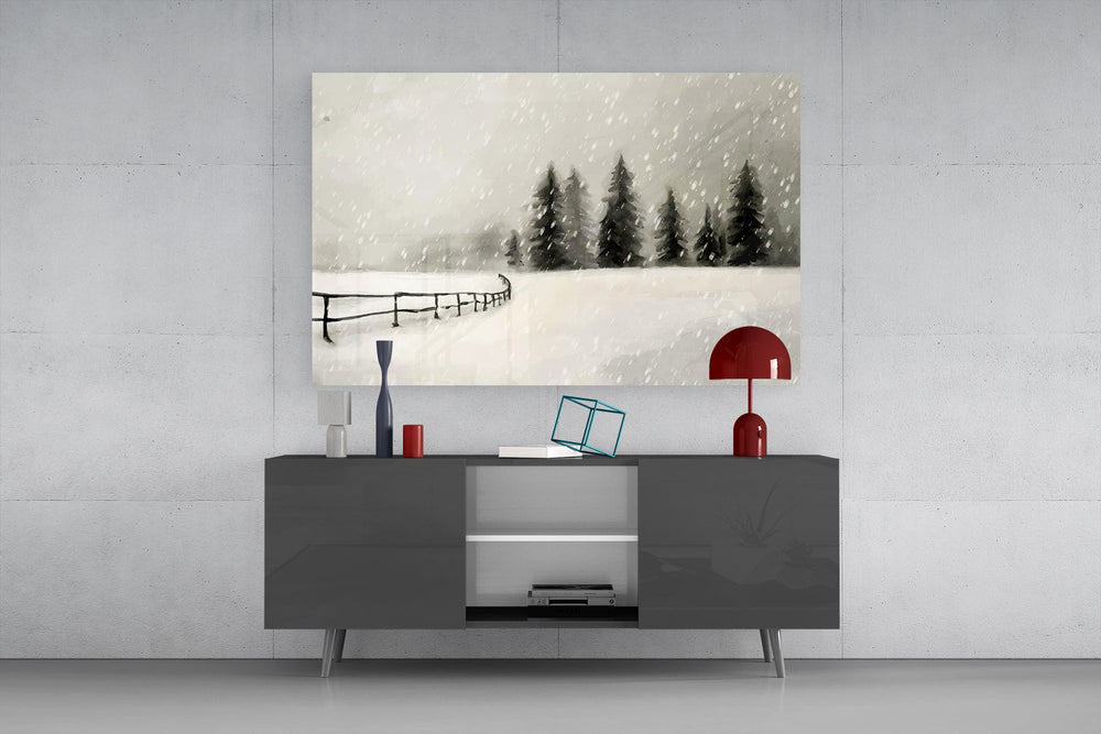 Pewter-pine forest cinematic glass wall art in light-filled atelier