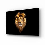 Golden mane lion oil cinematic glass wall art over walnut console in designer office