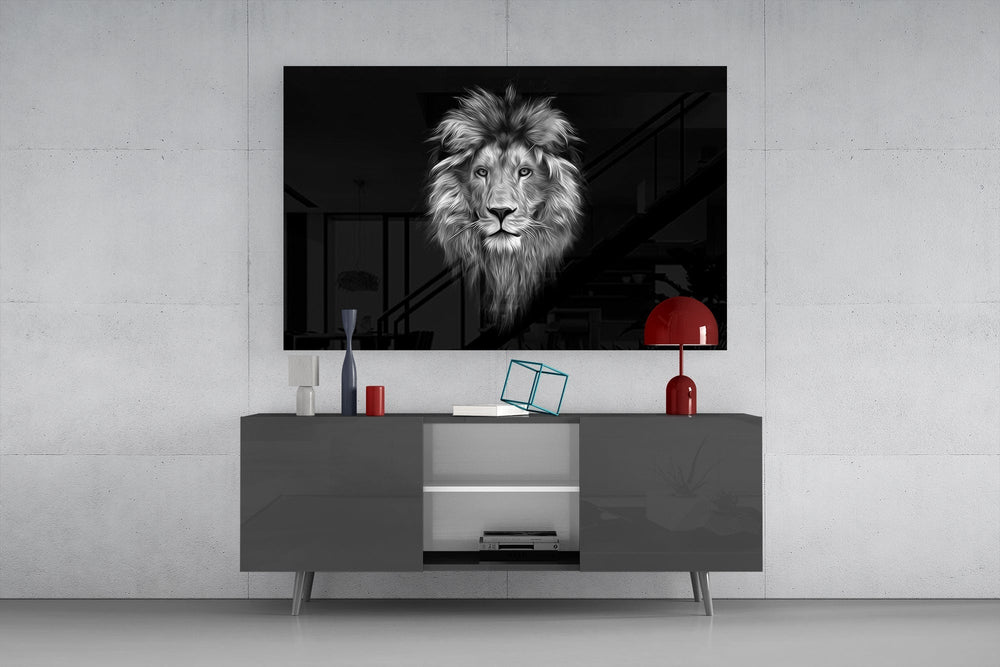 Pewter wildlife cinematic glass wall art in boutique-hotel lounge
