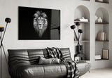 Silver-mane lion cinematic glass wall art in private library
