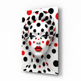 Polka dot Kusama muse cinematic glass wall art over walnut console in designer fashion atelier