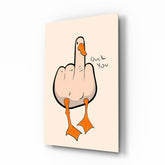 Duck You middle finger cinematic glass wall art over walnut console in designer cigar lounge