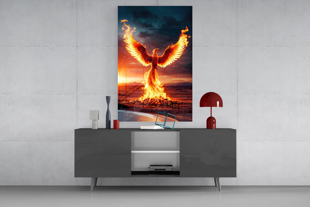 Motivational phoenix cinematic glass wall art in masculine-luxe study