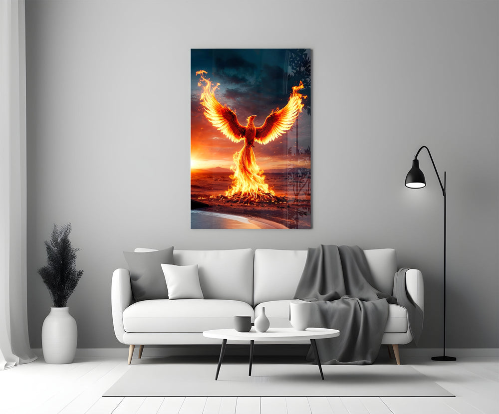 Mythic phoenix cinematic glass wall art in heritage stairwell