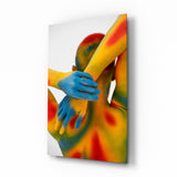 Thermal rainbow body art back cinematic glass wall art over walnut console in designer wellness clinic