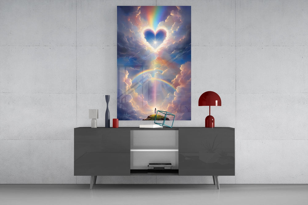 Divine sign cinematic glass wall art in light-filled atelier