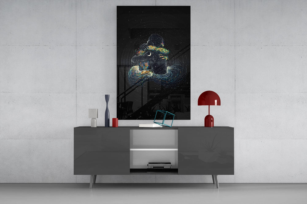 Digital fantasy cinematic glass wall art in light-filled atelier