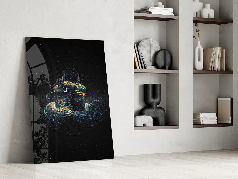 Prismatic spiritual cinematic glass wall art in private library reading nook