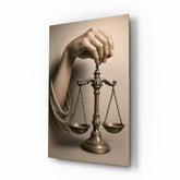 Scales of justice classical arm cinematic glass wall art over walnut console in designer law office