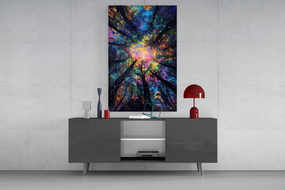 Digital fantasy nature cinematic glass wall art in light-filled atelier