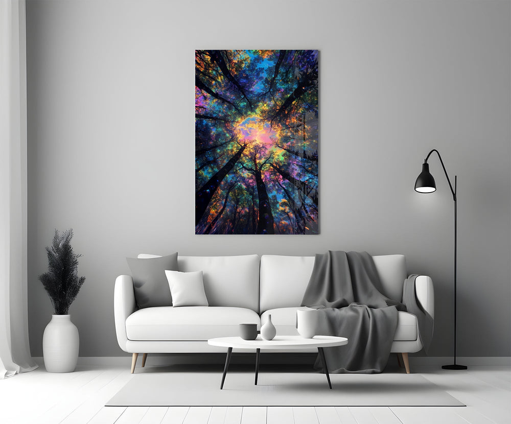Peter-Max style cinematic glass wall art in heritage stairwell