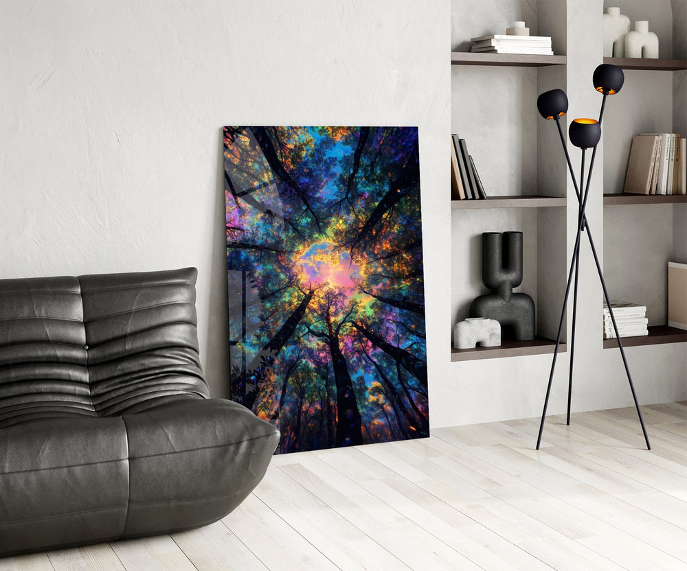Prismatic leaves cinematic glass wall art over modern dining sideboard