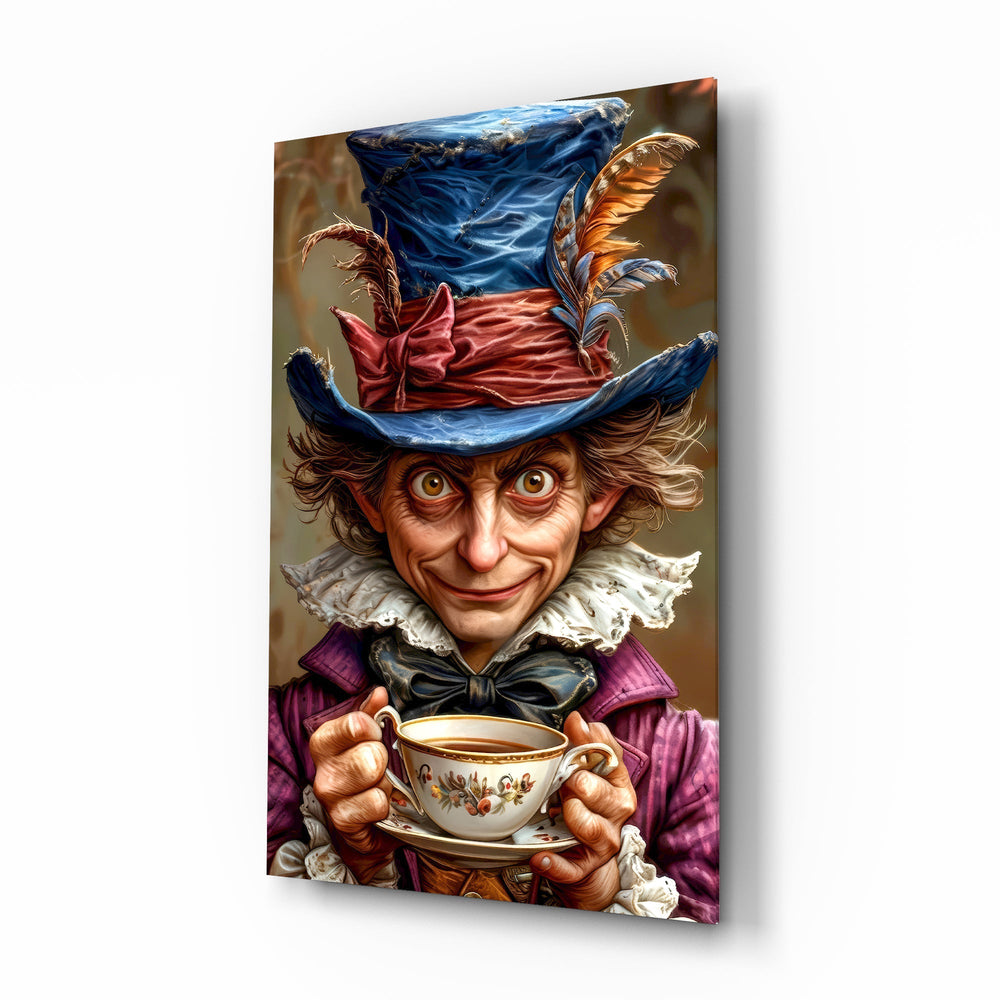 Mad Hatter Tim Burton portrait cinematic glass wall art over walnut console in designer entertainment den