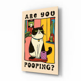 Are You Pooping cat bathroom cinematic glass wall art over walnut console in designer guest bathroom