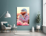 Cat-and-cosmonaut cinematic glass wall art in wellness clinic reception