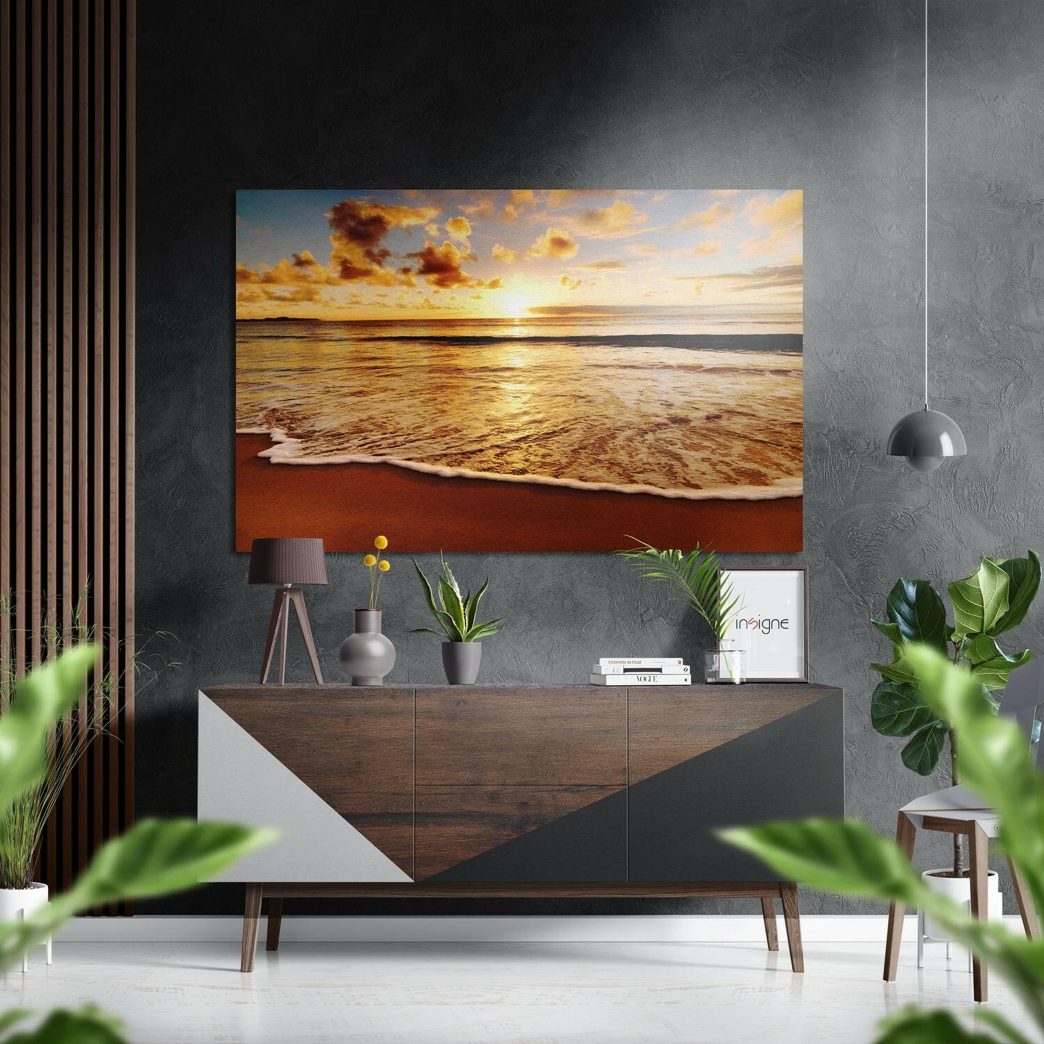 Sahilde Gün Batımı Fırçalı Metalik Alu-Dibond.