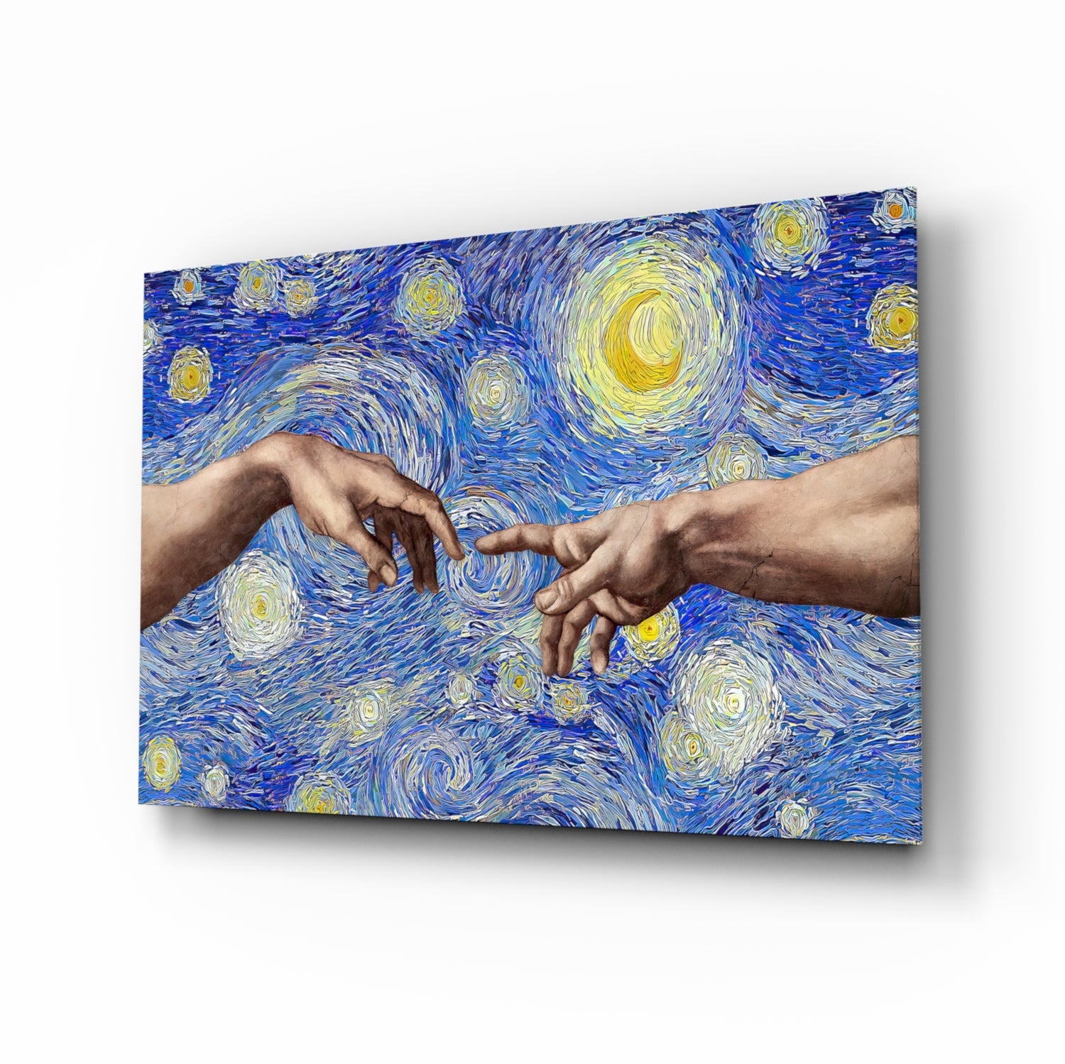 Van Gogh Tarzında Tanrı ve Adem'in Elleri Cam Tablo