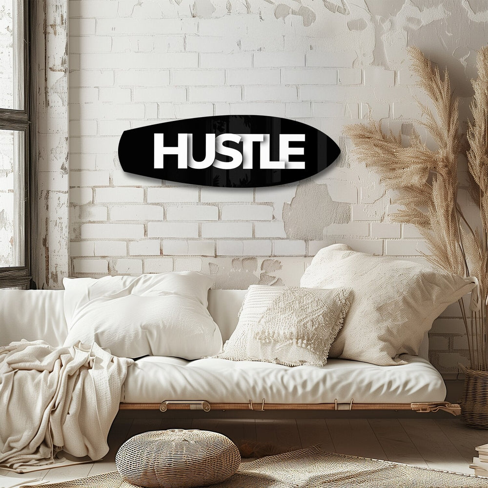 Hustle Tipografi Motivasyon Cam Tablo.