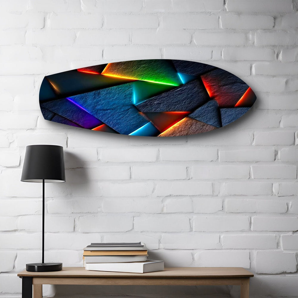 Neon Geometrik Taş Soyut Cam Tablo.