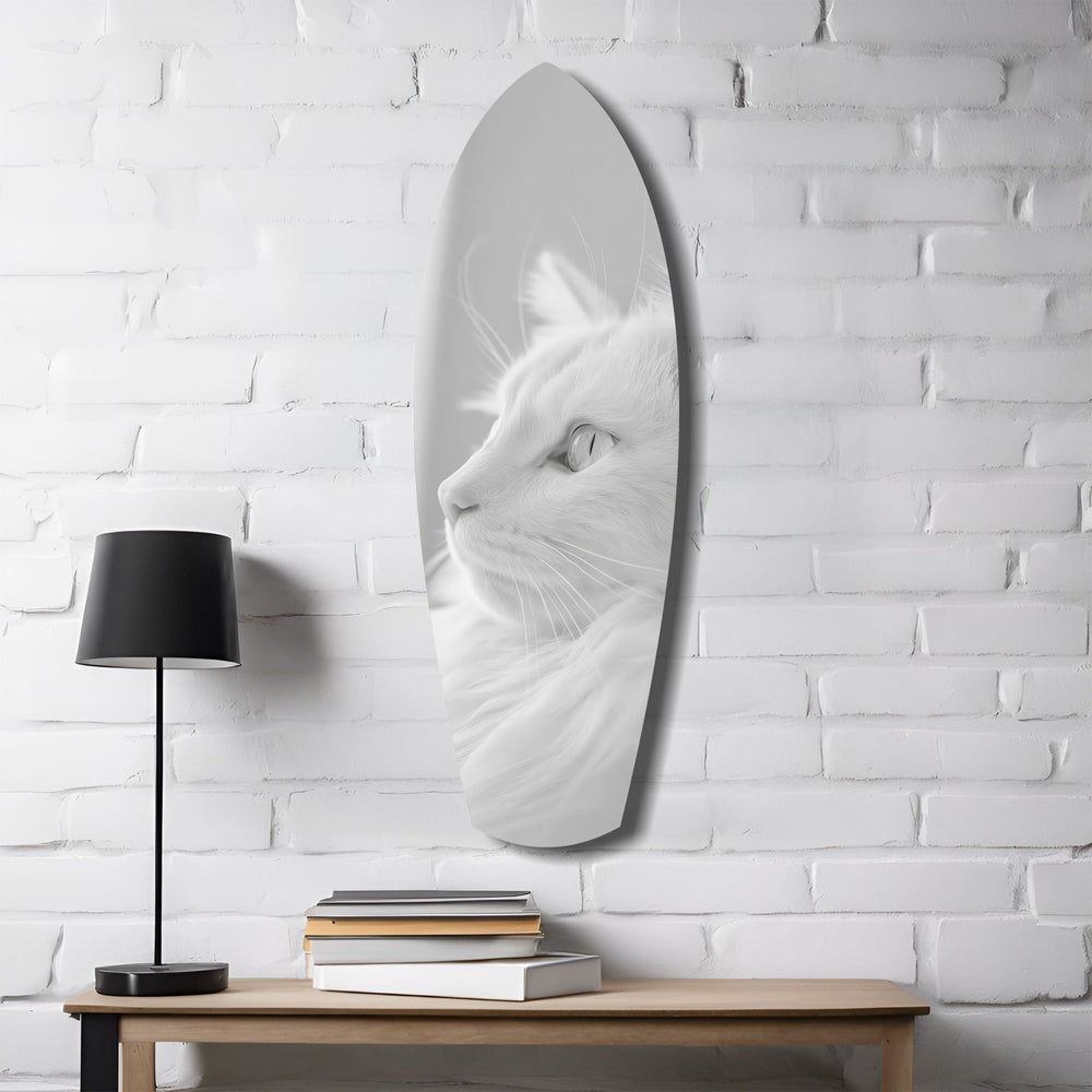 Beyaz Kedi Profili Minimal Cam Tablo.