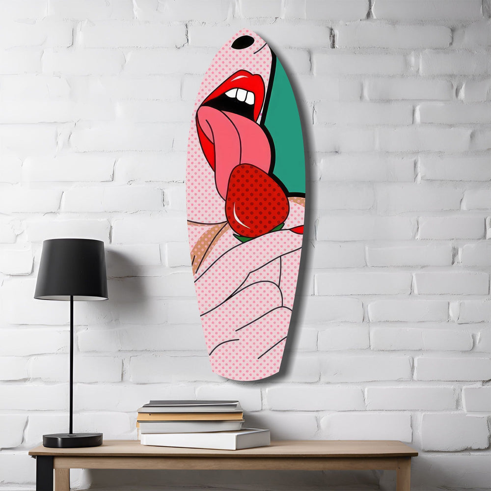 Pop Art Dudaklar Çilekli Dil Cam Tablo.