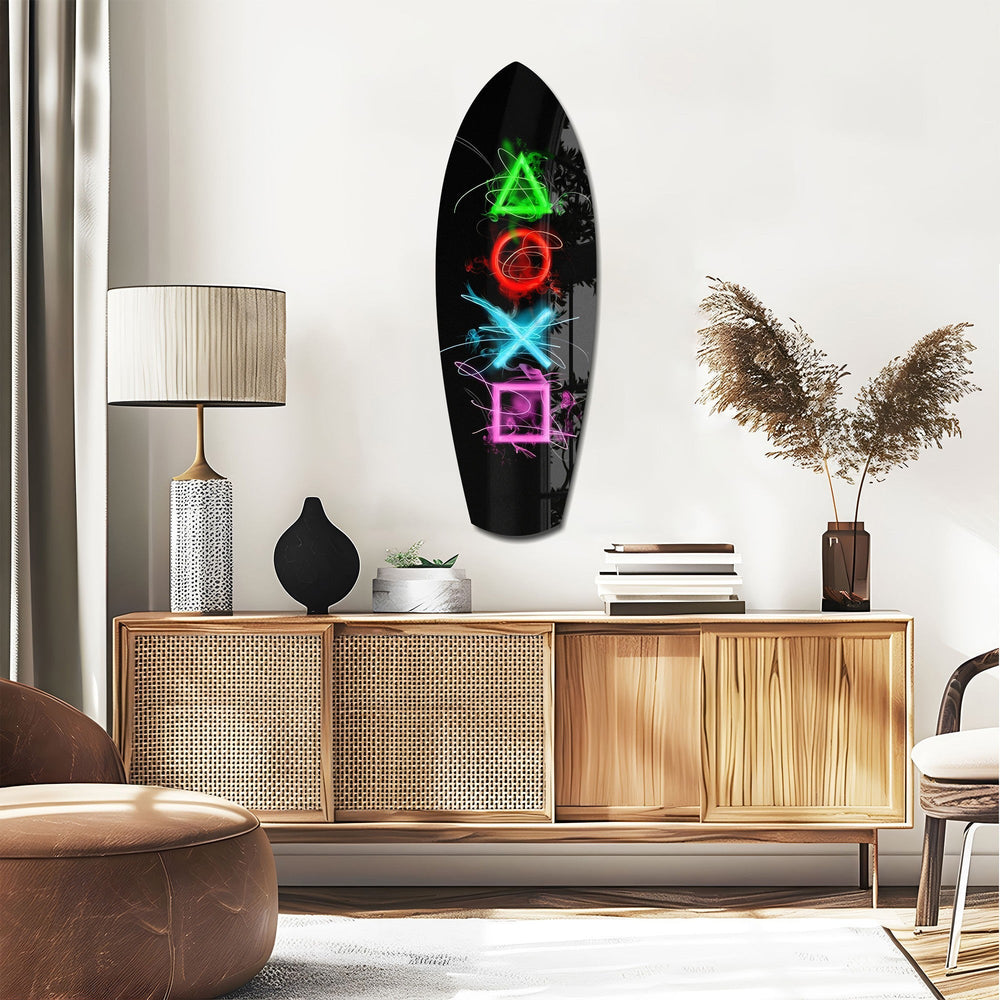Neon Geometrik İkonlar Gamer Parlama Cam Tablo.